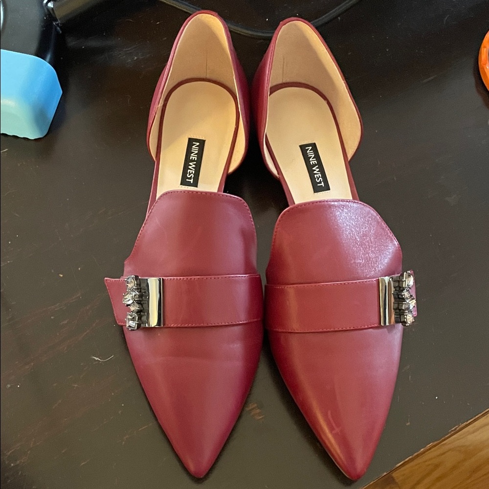 Nine West Burgundy Pointed Toe Slip-On Loafers with Jewel Accent